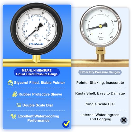 Image of MEANLIN MEASURE 0~100Psi Stainless Steel Liquid Filled Pressure Gauge 1 /4 inch NPT 2.5 inch FACE DIAL with Rubber Protective Sleeve, Center Back Mount