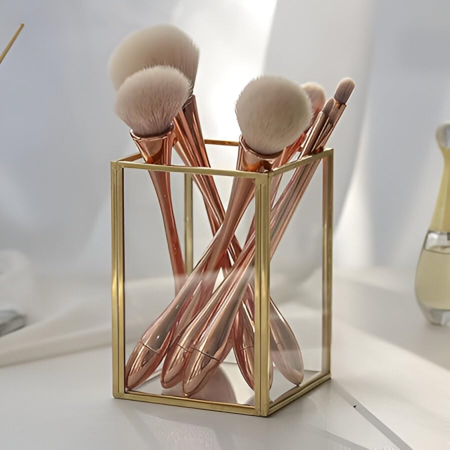 Image of Handy Creations Size 4 Inch Glass Makeup Brush Holder With Metal and Clear Glass, Gold Frame, Cosmetic Organiser, Table Top, Office, Bathroom, Decorative Cosmetics Holder Beauty Display (Pack of 1)