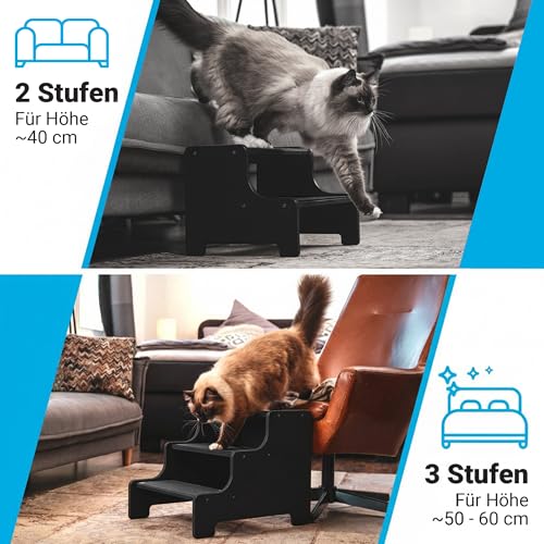 AMAZINGs Hundetreppe für kleine, mittlere und schwere Hunde, Katzen. 3 Stufen | Haustiertreppe, Junge und alte Katzen | 40 cm hoch für Sofa, Bett | Gelenkschonender Ersatz zu Hunderampe | schwarz