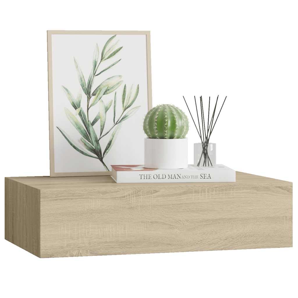 Estantería de pared con cajón, 40 x 23,5 x 10 cm, madera de roble maciza, MDF y metal, pequeño estante flotante para baño, cocina, salón, pasillo