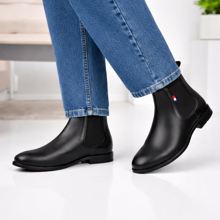 Image of Chelsea Boots for Men Wrinkle Free Smooth Upper Slip On Ankle Boots, Classic Black Stylish Boots for Casual, Party & Office Outfits