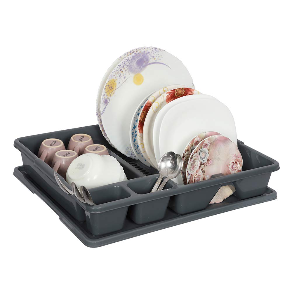 MUCH-MOREDurable Sink Plastic Dish Rack Utensil Drainer Drying Basket for Kitchen with Draining Tray Cutlery Fork Organizer (Grey FFC-140)