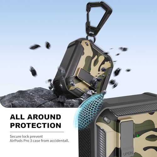 Image of for AirPods Pro 3 Case with Magnetic Lock and Phone Stand, Compatible with Magsafe Charging,with Carabiner&Cleaner kit for Apple iPod Pro 3rd Generation Cover(2025) Men Women (Camouflage Green)