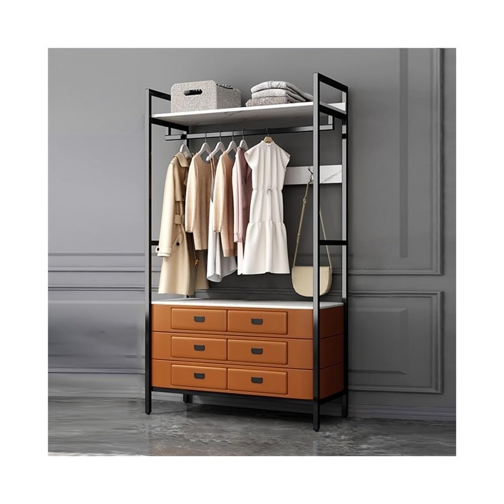 DFHS46JK Hat Rack Floor Coat Rack Hanger with Drawer Bedroom Storage Dressing Table Living Room Metal for Office(Orange+White)