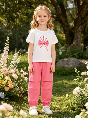 Image of Girls 4 Pieces Outfits Short Sleeve Printed Tee Tops and Pants Set 4-12Y