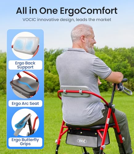 Image of VOCIC Z11 Rollator Walker for Seniors with Seat, 380 LBS | Lightweight Design with Ergo Seat & Backrest, Height Adjustable & Easily Foldable for Seniors' Mobility, Blue