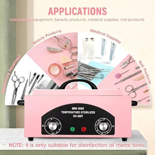 High Temperature Metal Cleaning Box,Misforu 1.5L Dry Heat Cabinet High Temp with Stainless Tray Timer and Handle for Nail Art Tool Salon Hairdressing Tool Earrings 300W (Pink) - Imagem 6