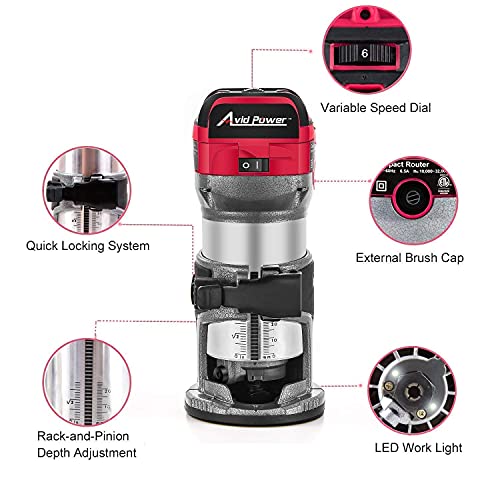 Avid Power 6.5-Amp 1.25 Hp Compact Router Bundle With 12V Cordless Drill Set With 22Pcs Driver/Drill Bits #TOP3