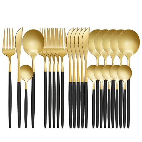 LYFJXX Gold Black Silverware Set, 24 pcs Golden Flatware for 6, Black and Gold Flatware, Stainless Steel Silverware Set,Kitchen Cutlery Sets, Include Knives/Forks/Spoons