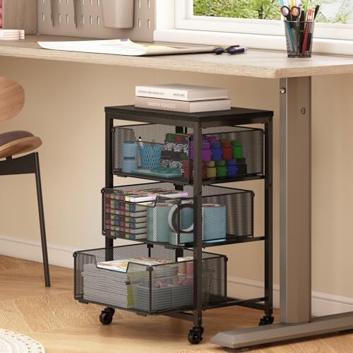Image of Under Desk Storage Cart with Lockable Wheels, 3-Drawer Rolling Storage Cart, Metal Utility Cart with Drawers for Art, Cart, Classroom, Office, Kitchen, Bedroom, Dorm Storage Under Bed