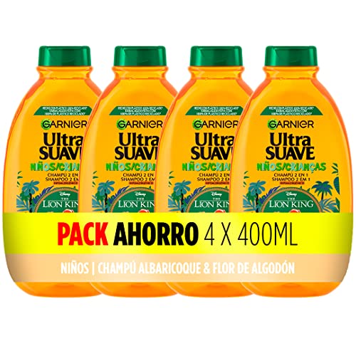Garnier Ultra Suave, Champú 2 en 1 de Albaricoque y Flor de Algodón para Niños, Fácil de Desenredar, No Pica en Los Ojos, Sin Tirones, Pack 4x400ml
