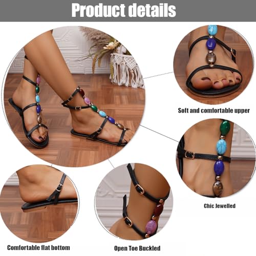 Women's Jewelled Flat Gladiator Sandals, Open Toe Buckled Stylish Summer Party Club Shoes, Gold T-strap Sandals Open Toe Summer Strappy Sandals2