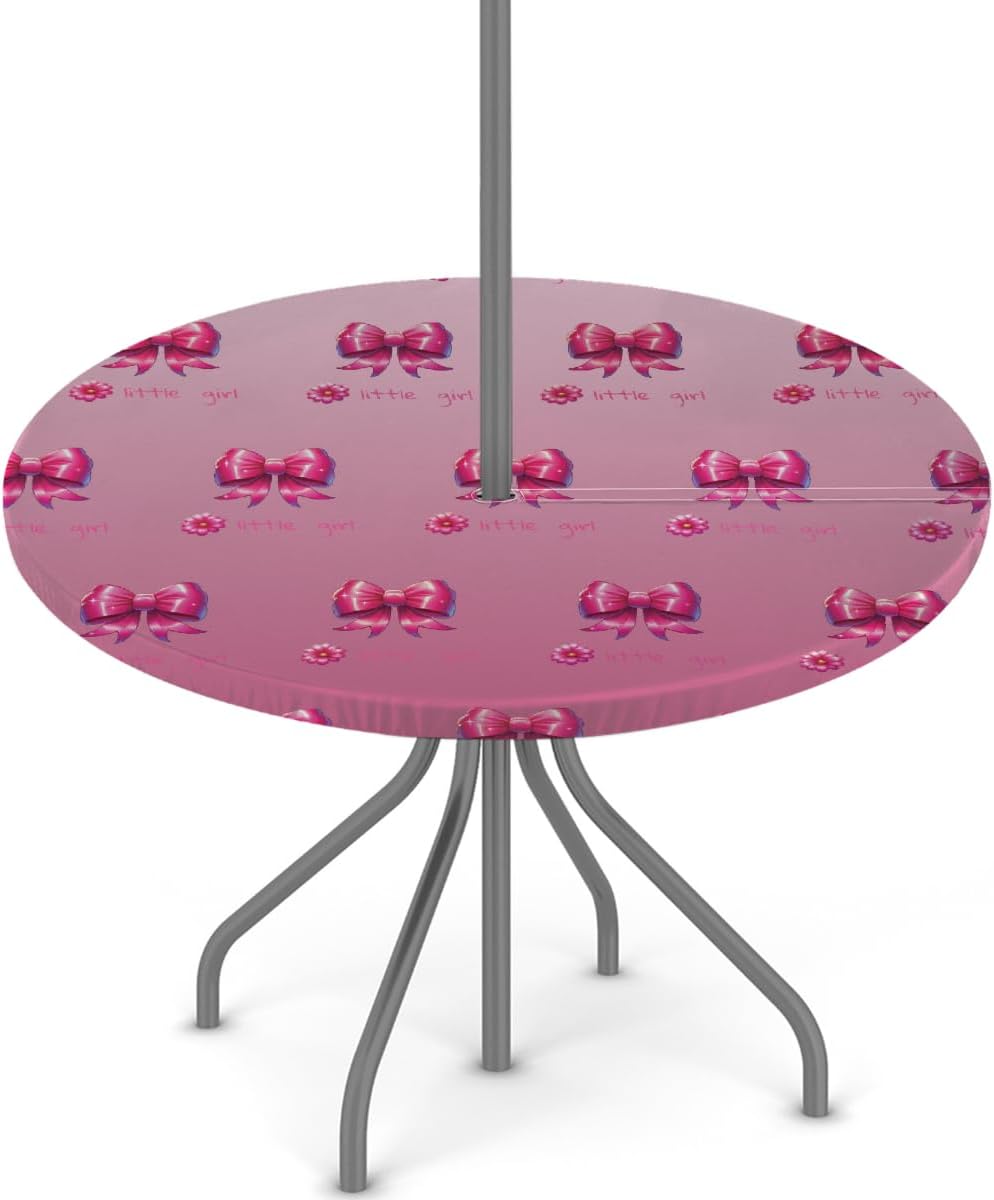 Pink Beautiful Flower Round Outdoor Table Cloth with Umbrella Hole Flower Letters Outdoor Round Fitted Tablecloth with Elastic Waterproof Circle Table Cover for Patio Garden Picnic (36-44 in)