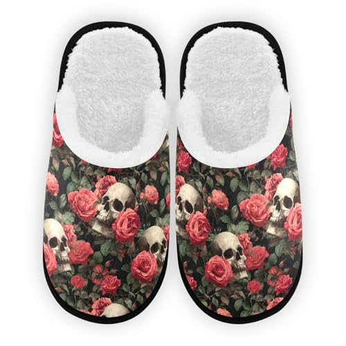 Retro Skull Pink Rose Slippers For Women Men Soft Memory Foam Non-Slip Halloween Winter Indoor House Shoes Travel Slipper