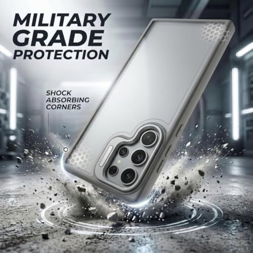 Image of amazon basics Frosted Matte Case for Samsung Galaxy S23 Ultra 5G | Built-in Flip-Out Camera Lens Stand | Translucent Back with Contrast Gray Bumper | Foldable Kickstand