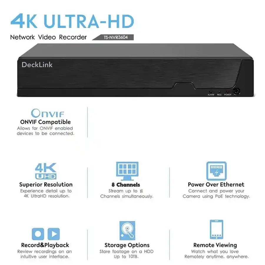 Image of DeckLink IP 5MP 8 CCTV 10X Optical Zoom Lens Camera 4k NVR Full Set Metal Body Audio Mic Inbuilt, Poe 8+2 Full Giga 1000Mbps Switch, Cat6 Cable with 2Tb Surveillance Hard Drive and All Accessories