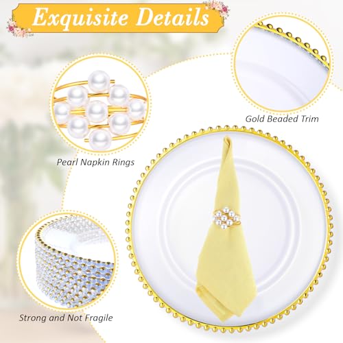 50-Set-100-Pcs-Clear-Charger-Plates-Bulk-and-Napkin-Rings-13-Plastic-Round-Dinner-Chargers-Serving-Plates-with-Beaded-Rim-Clear-Table-Decorative-Plates-for-Party-Wedding-EventGold