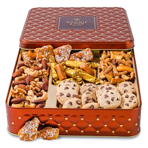 Product Image of the Caramels and Nut Sweet and Savory Gift Basket for Christmas Gifts, Dad, Men, Women, Holiday Parties | Gourmet Holiday Snack Tin Box | Churro Cinnamon and Sugar Pretzels | Sea Salt Caramels and Brittle| Prime Delivery Gift | Bonnie & Pop