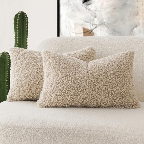 Foindtower Set of 2 Curly Teddy Wool Pillow Covers Decorative Boucle Textured Lumbar Throw Pillow Faux Fur Pillowcases Sheepskin Cushion Case for Sofa Bedroom Car 12'x20' Light Khaki