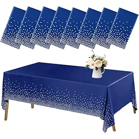 XIAMOOR 8 Pack Navy Blue Tablecloth Plastic, Table Cover for Parties, Dot Confetti Pattern Table Covers for Rectangle Tables, Fit for All Birthday Party, Wedding, Graduation, Anniversary, 54" x 108" Cover