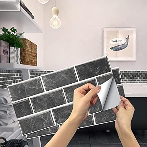 DIY Wall Tile Sticker, Self Adhesive Peel and Stick Vinyl Backsplash Tiles Retro Style Wall Tile Transfers Stickers for Kitchen Bathroom Waterproof Tiles Stairs Home Decoration Grey(6PCS/30*15 cm) Cover