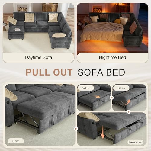 Image of Hanherry Sectional Couch with Pull Out Sofa Bed,Chenille Sleeper Sofa with Storage Ottoman & USB Charging,Comfy L Shaped Modular Couches for Living Room,Apartment