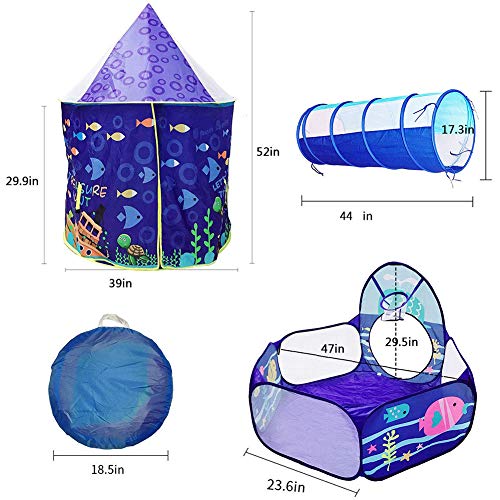 LOJETON 3pc Ocean World Kids Play Tent, Tunnel & Ball Pit with Basketball Hoop for Boys, Girls and Toddlers - Indoor/Outdoor Playhouse, Lightweight, Easy to Setup
