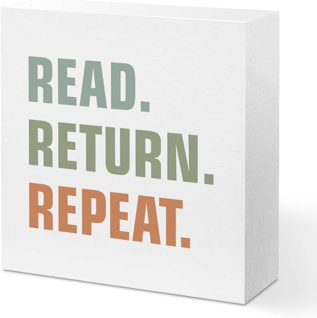 7x7 Inch Read Return Repeat Wooden Box Sign, Book Lover Desk Decor