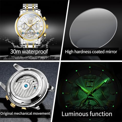 Image of OLEVS Watches for Men Automatic Skeleton 5 Hands Mechanical Luxury Watch Classic Calendar Stainless Steel Waterproof Mens Wrist Watch