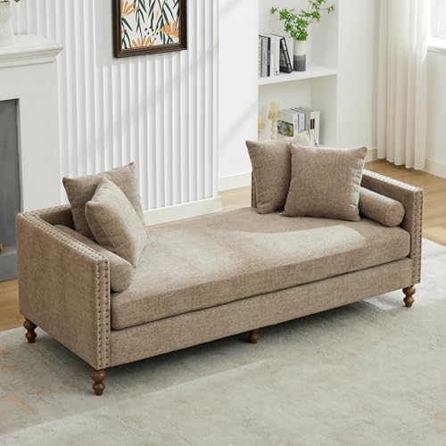 Chifee & Vingol 75.2' W Retro Oversized Chaise Lounge Chair Indoor with Left & Right Armrest,6 Pillows,Solid Wood Legs,Brown