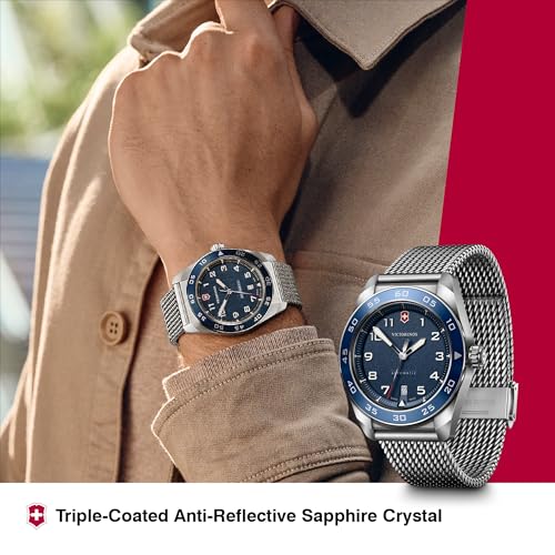 Image of Victorinox Swiss Army | Swiss Made Men's Automatic Watch, 42 mm, 100M Water Resistant, Anti-Shock | Blue Dial, Stainless Steel Case, Silver Mesh Bracelet, Sellita SW200-1 Movement | 242045