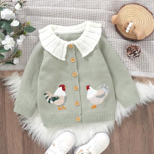 Toddler Baby Girl Sweater Cardigan Chicken Embroidery Doll Collar Button Down Knit Jacket Fall Winter Coat Knitwear2
