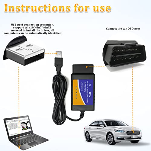 Obdii Usb V1.5 Scanner Obd2 Adapter Diagnostic Cable For Multi-Brands Can-Bus For Windows Car Fault Scanner Obdii Computer Tester Diagnostic Coding Tool With Manual 9-16V For Car And Light Truck #TOP2
