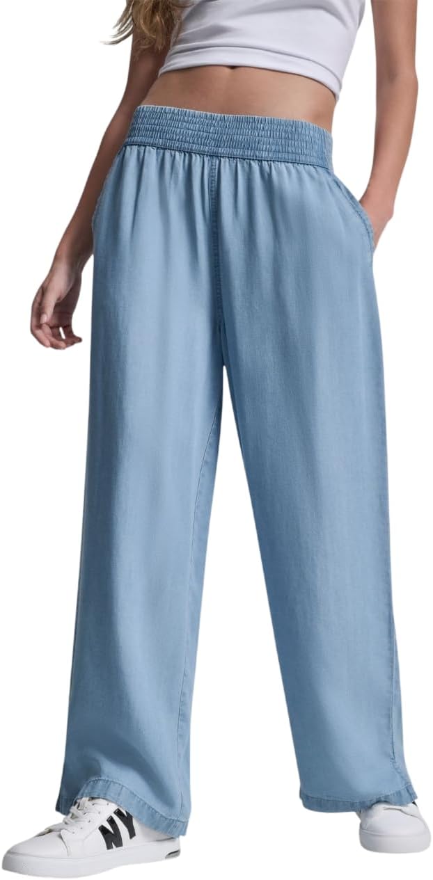 DKNY Womens Smocked Wide Leg High Rise Jeans Pant
