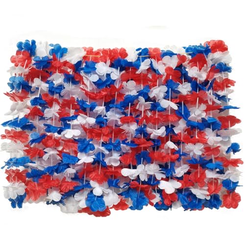 Becfupo 50 Pcs Patriotic Hawaiian Flower Leis Necklaces Bulk, Red Blue White Hawaiian Leis Garlands For 4Th Of July Decoration, Independence Day Parade, Patriotic Events