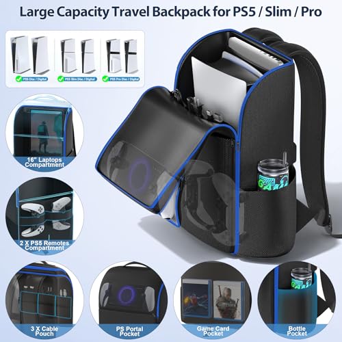 Image of LVVIL PS5 / Slim / Pro Console Backpack, Full Protection Carrying Case, Large Capacity Storage Bag, Dual Controllers, PS Portal, Laptop, Game Cards, 3 Cable Pouch, Ocean Blue