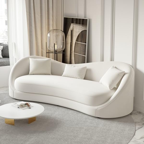 INTERIOR CRAFTS Stylish Velvet Curved Modern Style Low Height 3 Seater Sofa with 3 Pillows (Dusky White)-picture-42