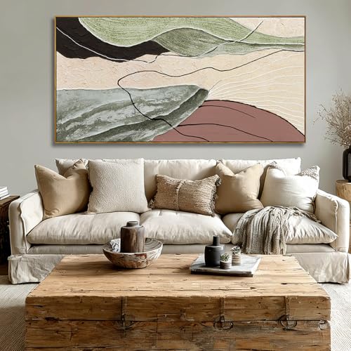 Image of Brown Green Abstract Canvas Wall Art, Framed Beige White Painting, Neutral Black Prints Wall Decor,29x58 In Artwork for Living Room, Bedroom