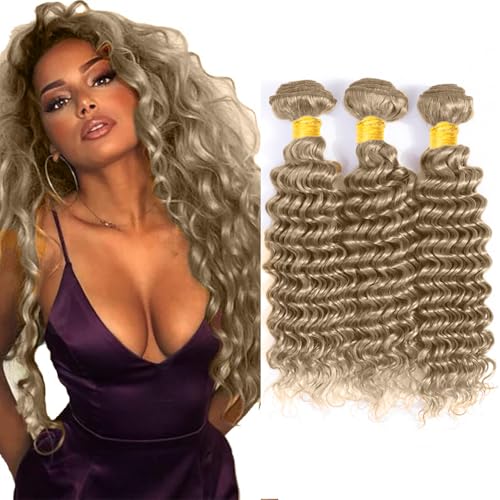#22 Blonde Bundles Human Hair Deep Wave Bundles 28 28 28 Inch Unprocessed Brazilian Virgin Hair Ash Blonde Deep Wave 3 Bundle Human Hair Extensions 50 Gram Per Bundle