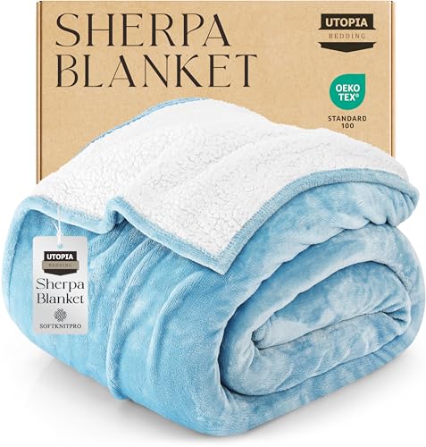 Utopia Bedding Sherpa Blanket Queen Size (Washed Blue, 90x90 Inches) - Soft Lightweight Plush Fleece Reversible Blanket for Bed, Sofa, Couch, Camping and Travel