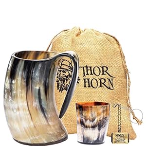 Thor Horn Viking Drinking Horn Mug, 15-20 Oz Natural Ox Horn Cup & Cofee Stein | Cool Unique Beer Gift for Men and Women…