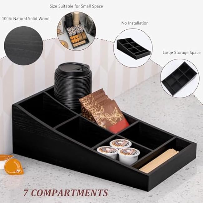 Coffee Station Organizer for Countertop, Condiment Storage Caddy, Coffee Bar Supplies Organizer for Home, Office and Breakroom - Wooden, Black, 7 Compartment