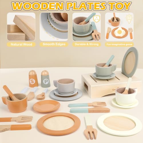 Wooden Play Dishes and Plates for Kids Kitchen Set, 27 PCS Wooden Play Kitchen Accessories, Kitchen Toy for Toddlers Boys Girls 3 4 5 6