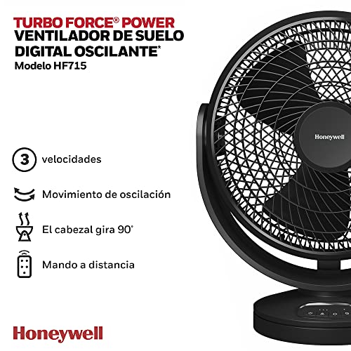 HONEYWELL HF715BE4 - Ventilador digital oscilante Turbo Force de (personal; pequeño; para el hogar o la oficina; con mando a distancia; comandos electrónicos con LED; 3 velocidades; giro de 90 grados) - imagen 2