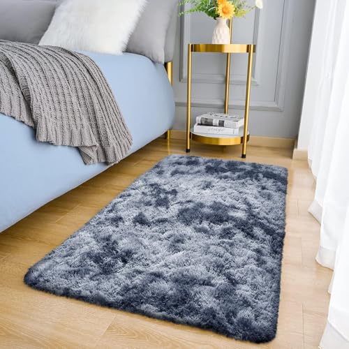 MOONLIGHT20015 Rugs Living Room Bedroom – Fluffy Shaggy Dark Grey Area Rugs Non-Slip – Modern Super Soft Thick Pile Plush Carpet - Non Shedding Easy To Clean Rug, 60cm x 110cm, Tye-Dye Grey