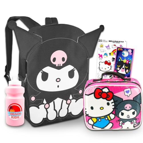 Kuromi Backpack and Lunch Box Set for Girls - Bundle with 16” Kuromi Backpack, Lunch Bag, Water Bottle, Stickers, More | Hello Kitty and Friends Backpack Set