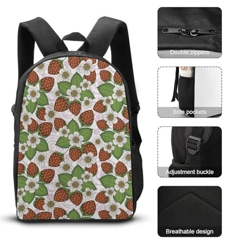 Strawberry Floral Classic Backpack Lunch Bag Pencil Case 3 Piece Set Travel Daypack3