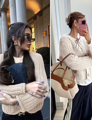Image of Women's Chunky Knit Cardigan Sweaters Long Sleeve Open Front Button Kitted Fall Jackets Coats(Cream, S)