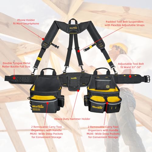 Image of MELOTOUGH Carpenters Tool Belt with Suspenders Professional Tool Belt Combo Organizer With Tool Pouch Suspenders with 32 Pockets and Loops fits 33 inch-47 inchWaist for Electrican /Contractor /Technican(Yellow)