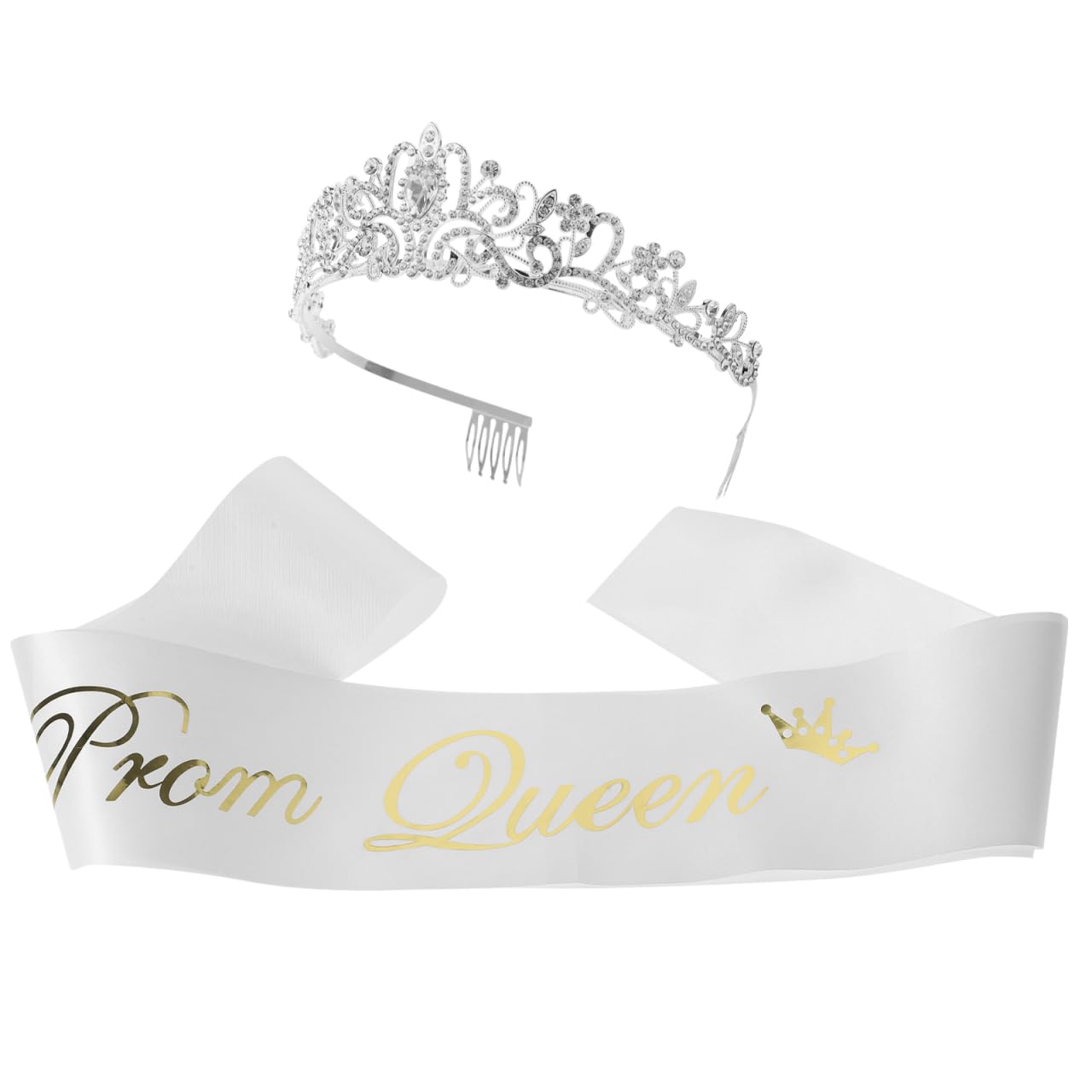 UKCOCO Graduation Crown & Prom Queen Sash Set: Tiara with Rhinestones and Satin Shoulder Strap with Comb